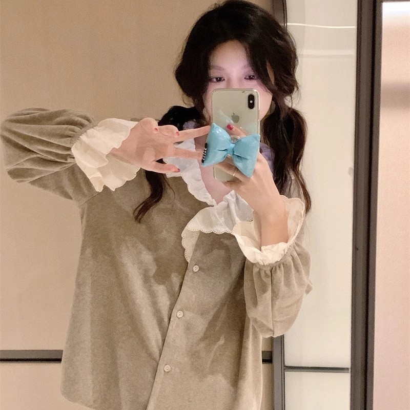 공주 FENGDE 벨벳 양면 우유 벨벳 파자마 여성의 가을과 겨울 2023 새로운 타월면 달콤한 레이스 홈 의류