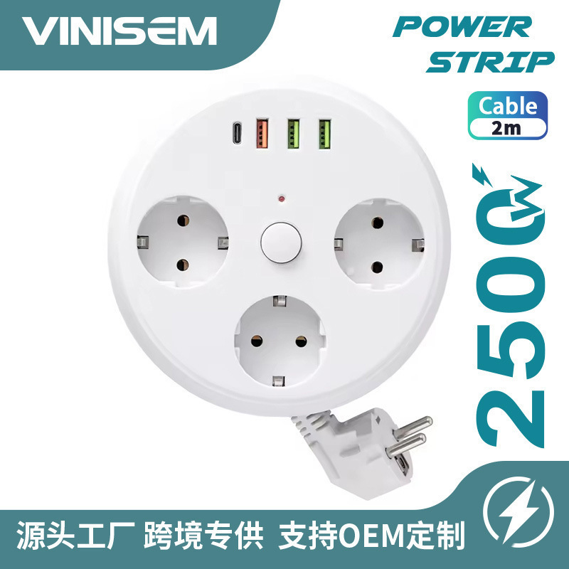 Specialized for Foreign Trade, Extendable European Power Strip with 3 Sockets, 3 USB + 1 Type-C, Eu Type Power Strip with Switch