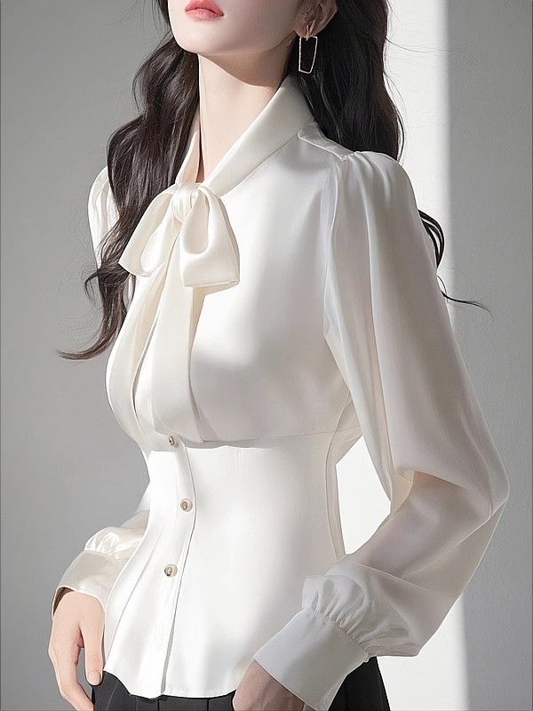 2025年春秋白色蝴蝶结衬衫女高级感轻奢减龄洋气独特漂亮收腰上衣|undefined