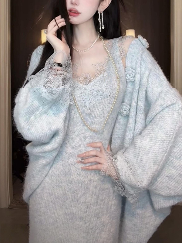 多伦多之秋 立体针织花朵开衫蕾丝拼接吊带毛衣懒人套装女两件套|undefined