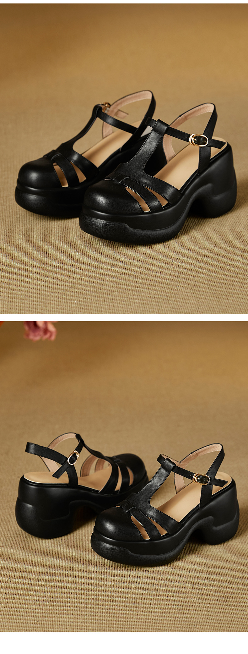 Sandal nữ quai chữ T đế xốp dày phong cách La Mã dệt — đen chi tiết 12