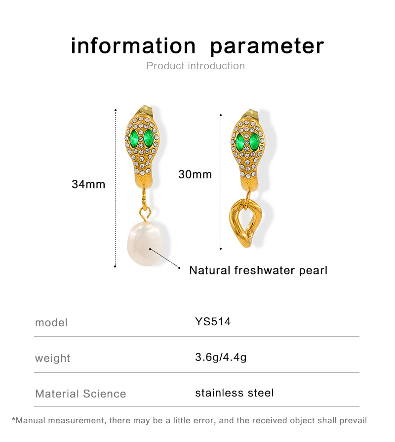 10g Weight Zircon Insert Material 1 Pair Ins Style Snake Stainless Steel Pearl Inlay Zircon Drop Earrings
