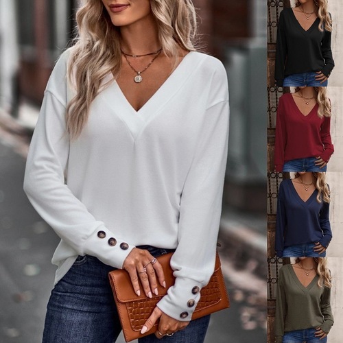 2025 European and American Cross-border Foreign Trade Women's Amazon Autumn/Winter New Pure Color V-neck Loose Long-sleeved Button-up Top