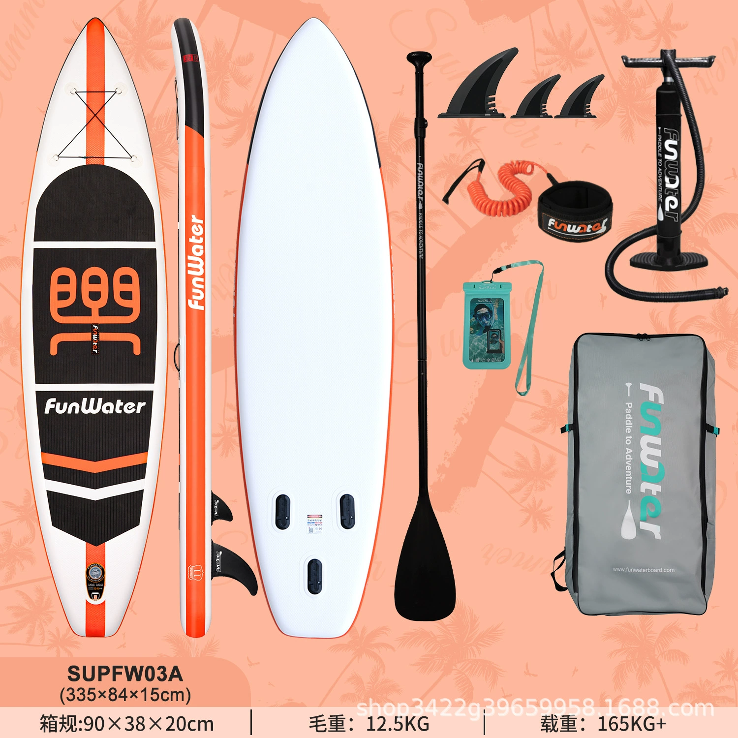Надувная SUP доска (Inflatable), размеры 240–350×76–84×10–15 см, drop‑stitch, противоскользящая дека