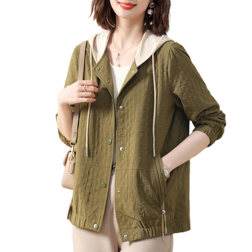 Mother's Autumn Stylish Outerwear 2024 New Arrival Middle-Aged Women's Early Autumn Thin Hooded Jacket Women's Top