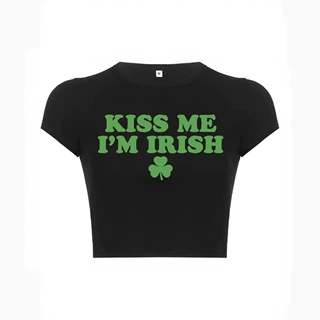 姿妍跨境现货Y2K女装St. Patrick's修身露脐短款复古印花短袖T恤