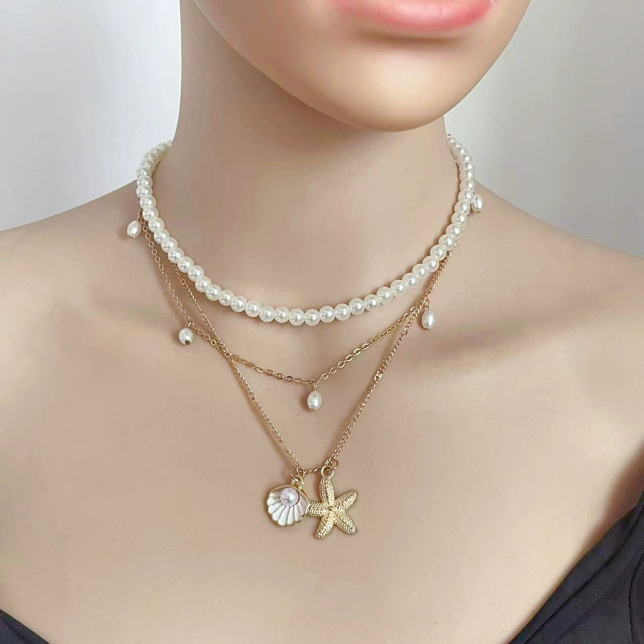 Европейская и американская трансграничная океанская многослойная цепочка на ключицу с каплями масла морской звезды, универсальное ожерелье в виде ракушки морской звезды в стиле пляжного отдыха