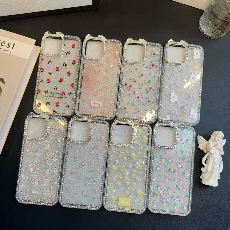 Ins Is Suitable for Iphone16E Large Hole Cat Ear Imd Apple 15Pro Frame Full Diamond Mobile Phone Case 14 Protective Cover