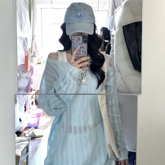 Blouse Knitted Long-sleeved Hollow Knitted Sweater Summer Loose Sun Thin Lazy Pullover Top Casual New Style