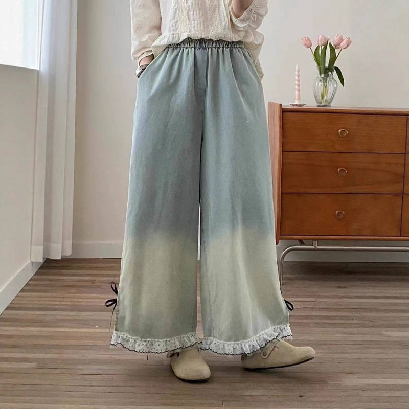 Forest-Style Gradient Denim Wide-Leg Pants for Women, Autumn New Side-Slit Hem with Double-Layer Lace Trim Straight Pants