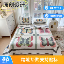 跨境专供纯棉拼布床盖手工拼接蝴蝶花绗缝被外贸出口原单批发