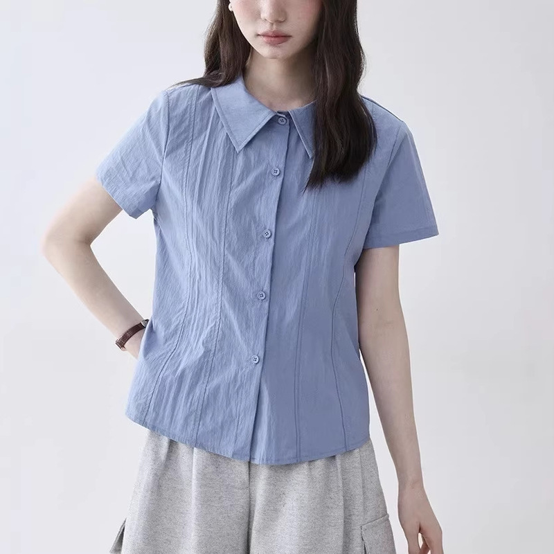 "Mustard Pie" Blue Polo Collar Waist-Cinching Slimming Shirt for Women, New Summer Style, Versatile Short-Sleeve Top for Work "Mustard Pie" Blue Polo Collar Waist-Cinching Slimming Shirt for Women, New Summer Style, Versatile Short-Sleeve Top for Work