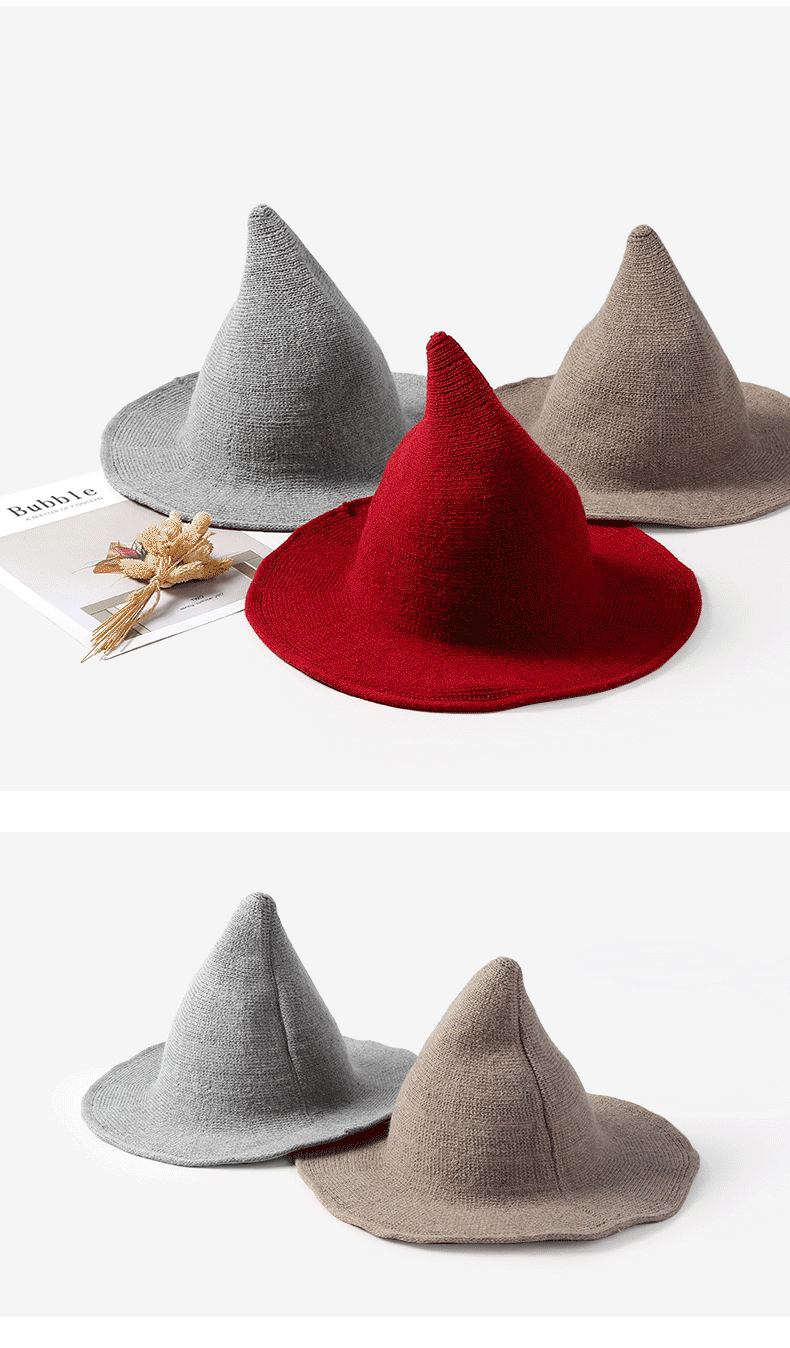 New Wool Wizard Hat, Popular Halloween Witch Hat, Cross-border Pointed Top and Large Brim Knitted Party Role-playing_voghion.com