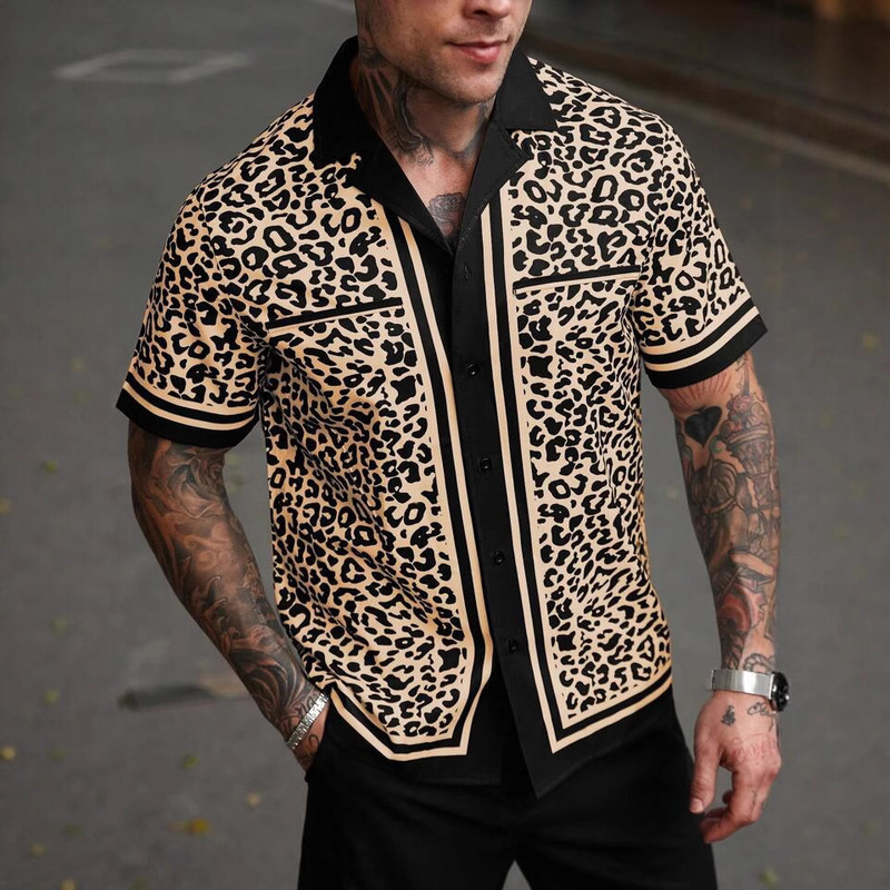 Men's Summer Cardigan Leopard Print Four-Way Stretch 3D Printed Casual Young Men's Short-Sleeved Shirt Versatile and Breathable