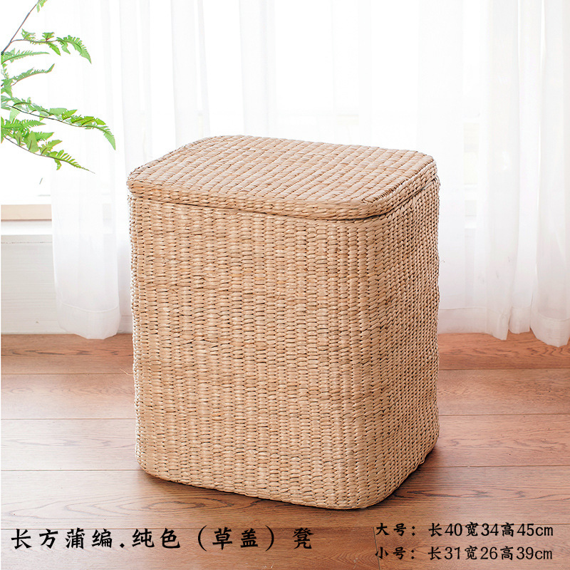 Taburete de almacenamiento de madera maciza tejido de paja Taburete de almacenamiento Taburete de cambio de zapatos tejido de ratán Taburete de maquillaje de sofá puede sentarse personas organizando caja de almacenamiento