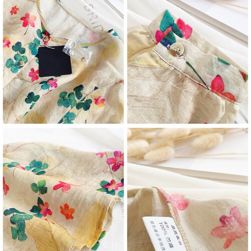 Baby dress top Korean style loose commuting sweet stylish floral high-end ramie fluffy small shirt short sleeve collarless top
