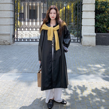 实拍格纹拼接黑色长款PU皮风衣外套2025秋款复古减龄氛围超火大衣