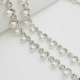 diy服饰配件 保色链条6mm水钻挂10mm珍珠流苏链 礼服头冠古装材料