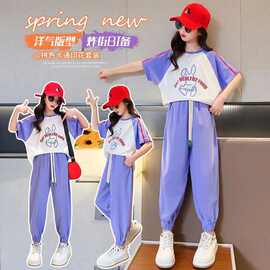 女童夏季套装2025新款儿童洋气拼接图纸短袖夏装韩版运动两件套潮