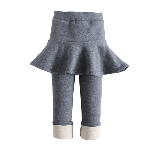 Women and Children's Winter Warm Fleece Padded Leggings with Pseudo-Two-Piece Skirt Pants for Middle-Aged Children, Plain Color Pure Cotton Pants