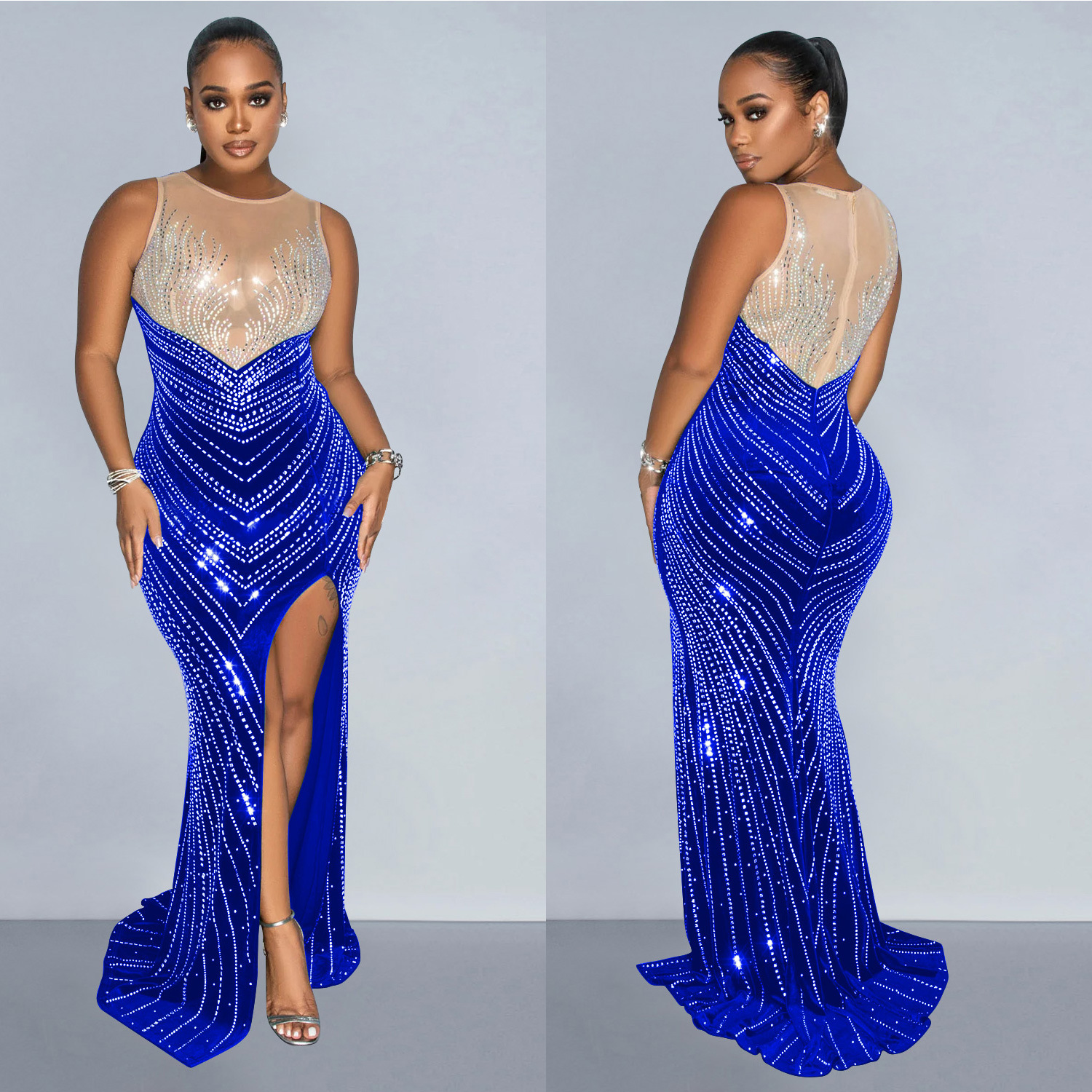 C6807 transfronteriza AliExpress Amazon europeo y americano de las mujeres de moda de color sólido cuello redondo sin mangas vestido de diamantes de imitación vestido image 4