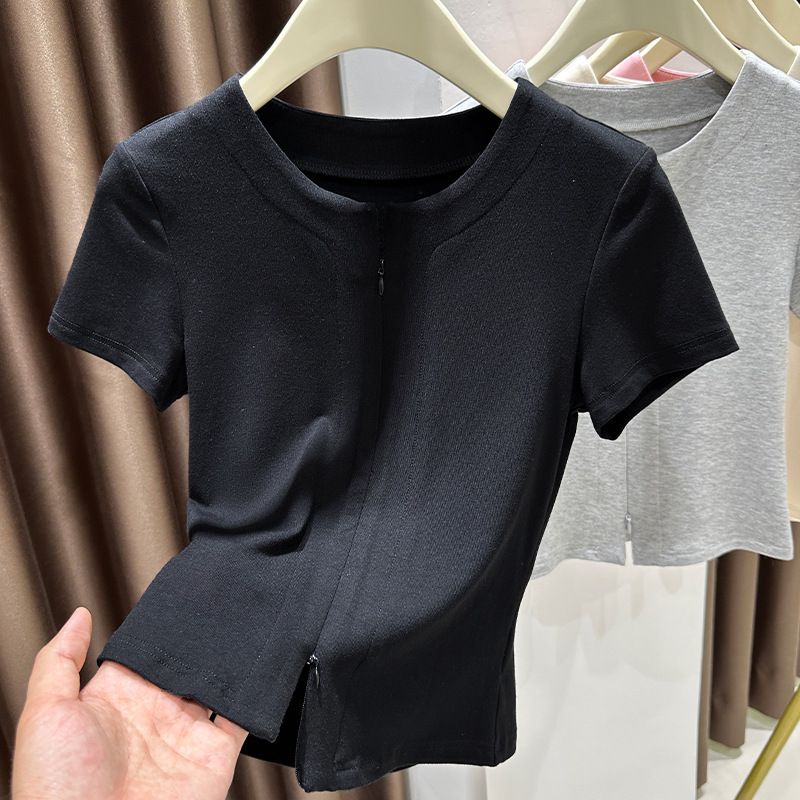 ピンク甘いドーパミンアイスシルクニット半袖 Tシャツ女性の夏 2025 新しいジッパースリットボトリングシャツトップ|undefined