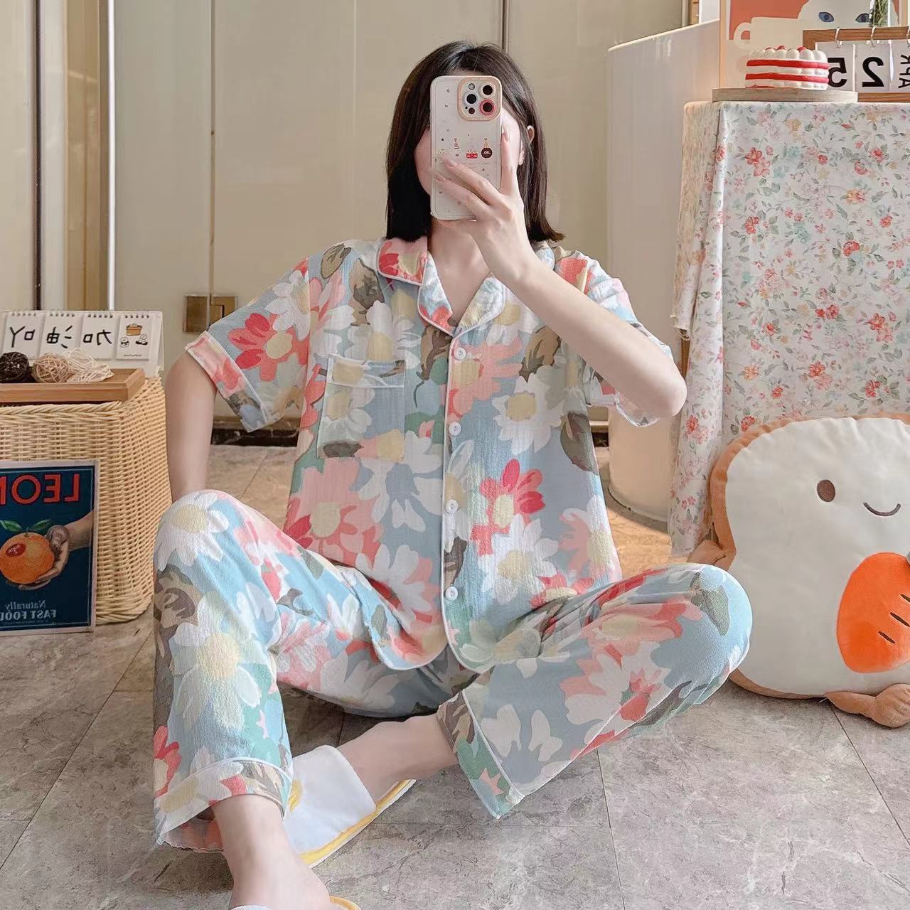 Pajamas de espuma tejidos de verano de algodón pantalones largos de mangas cortas ropa para el hogar de verano delgada de algodón conjunto de dos piezas