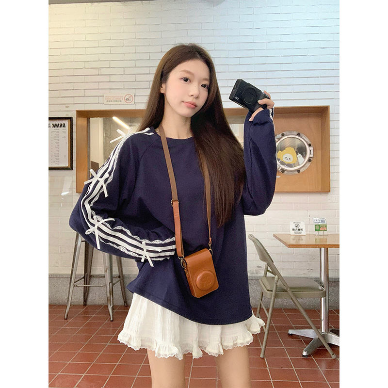 Korean Style Gentle Style Lace Bow Long-Sleeved Sweatshirt for Women Autum New Large Size Fat mm Loose Slimming Look Top Korean Style Gentle Style Lace Bow Long-Sleeved Sweatshirt for Women Autum New Large Size Fat mm Loose Slimming Look Top