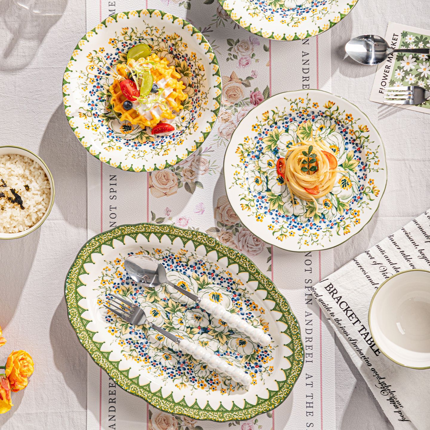 Nuevo estilo bohemio creativo de cerámica retro cubiertos de arroz platos de inmersión platos de plato de pescado set