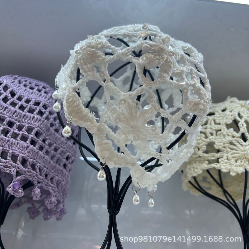 Japanese-Style Handmade Crochet Hat for Women, Spring/Summer Thin Hollow Knit Headwrap, Ethnic Style with Pearl Pendant Beanie