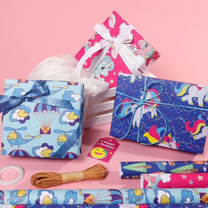 Papel de embalaje de dibujos animados Unicornio serie de papel de embalaje de regalos de cumpleaños para niños paquete de papel de embalaje ecológico