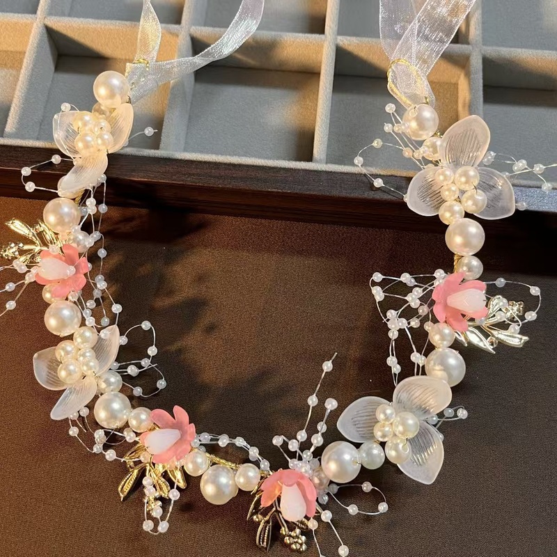 金色の葉のヘッドバンド、花のブレスレット、パールのヘアバンド、花嫁の新作クラウン、ヨーロピアンスタイルのウェディングドレス、子供用ヘッドドレス、ウェディングヘッドドレス|undefined