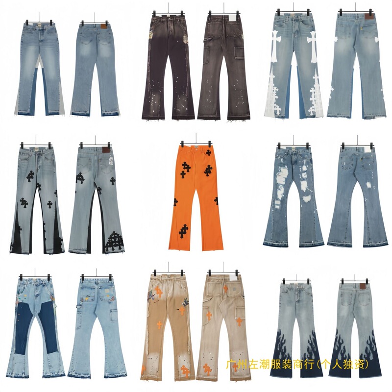 In-Stock Trendy Brand Pants Limited Edition Flame Cross Embroidery Straight-Leg Vintage Washed Celebrity Style Jeans for Men and Women