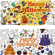 2025新款万圣节着色海报儿童南瓜城堡可爱背景装饰防水涂鸦纸桌布