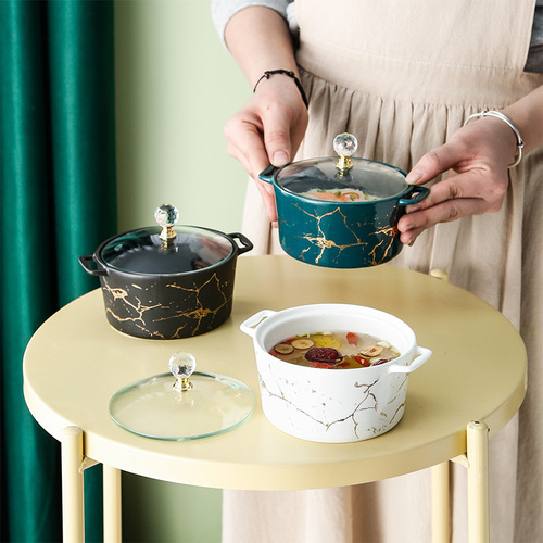 Nordic gold pattern ceramic small stew pot, round household bird's nest cup, double-ear water-proof stew pot with glass lid stew bowl