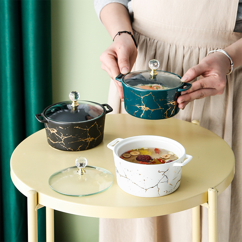 Nordic Style Ceramic Small Stew Pot Round Household Bird's Nest Pot Double-Ear Water-proof Stew Pot with Glass Lid Soup Stew Bowl
