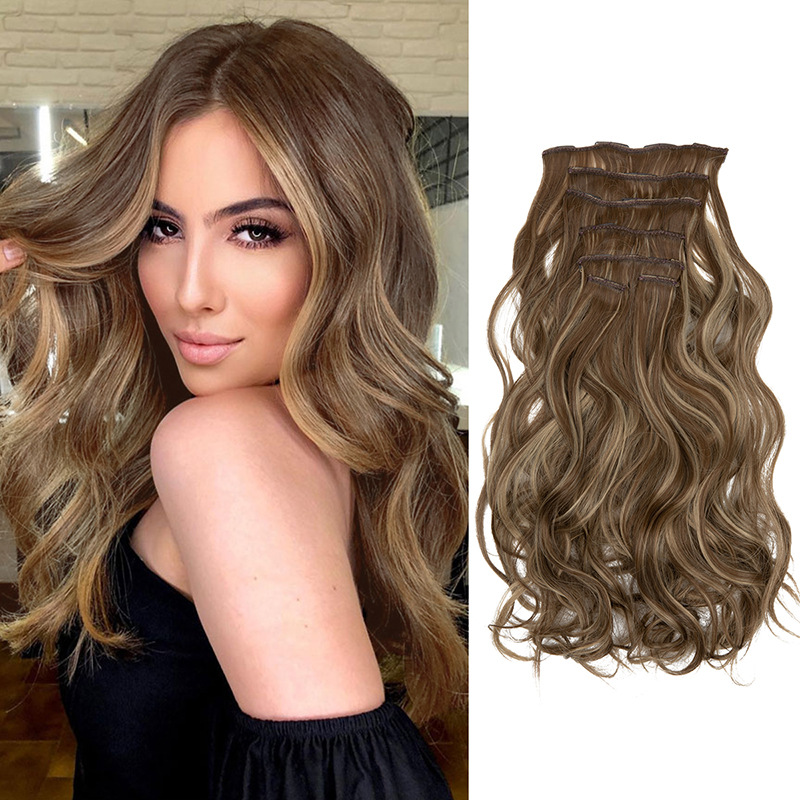 Ensemble de perruques synthétiques 16 cartes 7 pièces, cheveux longs bouclés pour femmes, extensions de cheveux en soie mate haute température_voghion.com