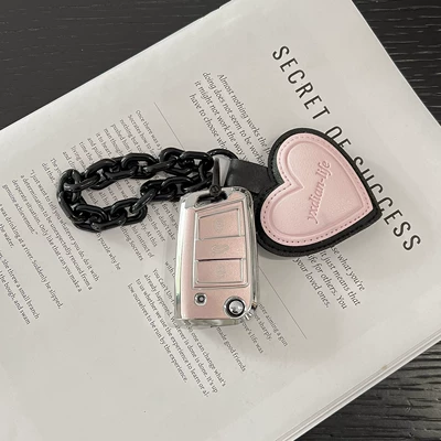 Car key bag | Lavida, New Golf 7, T-Roc - volkswagen-model-b-quicksand-powder-black-chain-leather-pink-heart