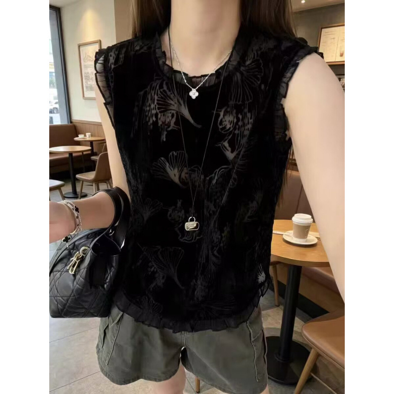 High-end elegant velvet printed sleeveless top with back buttons and ruffled edges for women, 2026 summer new slim-fit blouse High-end elegant velvet printed sleeveless top with back buttons and ruffled edges for women, 2026 summer new slim-fit blouse