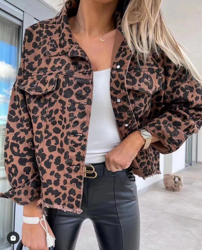 2023 European and American New Amazon Independent Station Leopard Denim Jacket Trendy Washed Dressed Tassel Denim Jacket