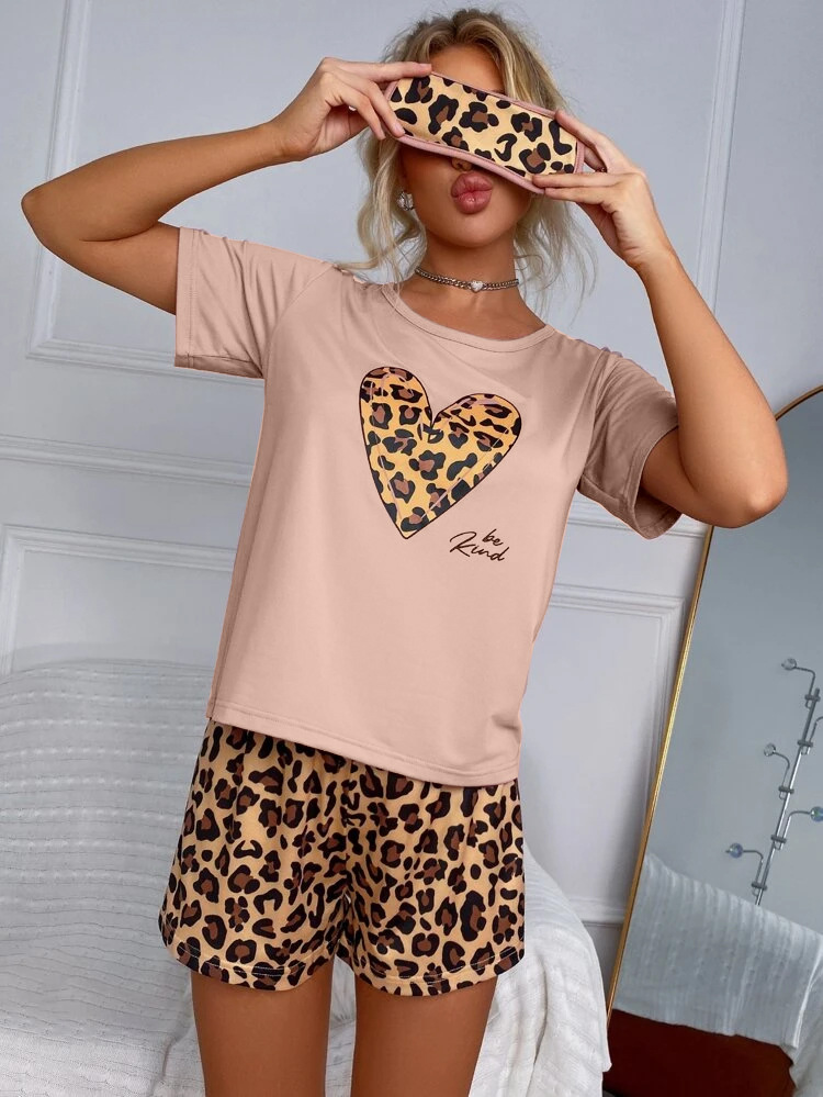 Zuhause Frau Lässig Herzform Leopard Polyester Milchfaser Shorts-Sets Pyjama Sets display picture 1