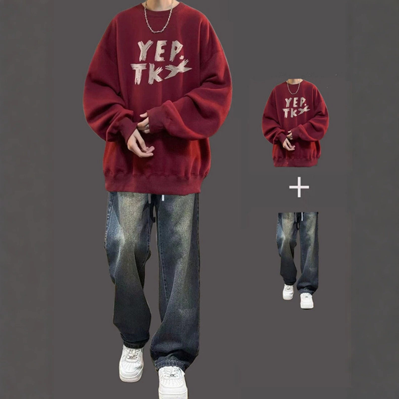 Heavyweight sweatshirt for men, long-sleeved round-neck top, new style for spring and autumn, unlined, suitable for teenagers, trendy outerwear