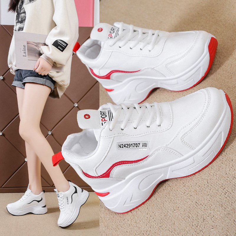 Women's White Shoes Women's Spring New Leather Sneakers Women's Inner Height Daddy Shoes