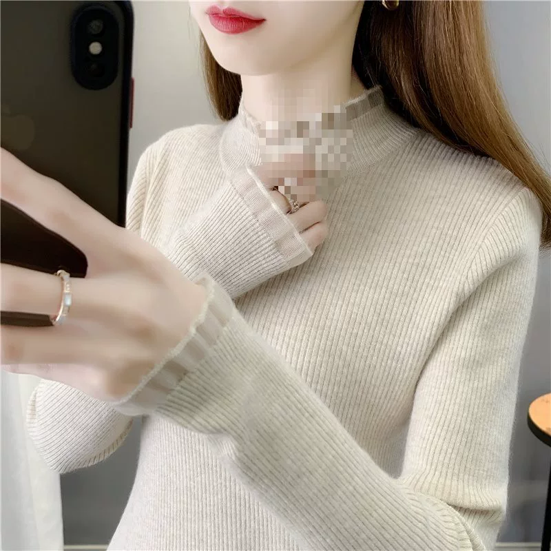 Woolen lace silk body-friendly sweater, high collar