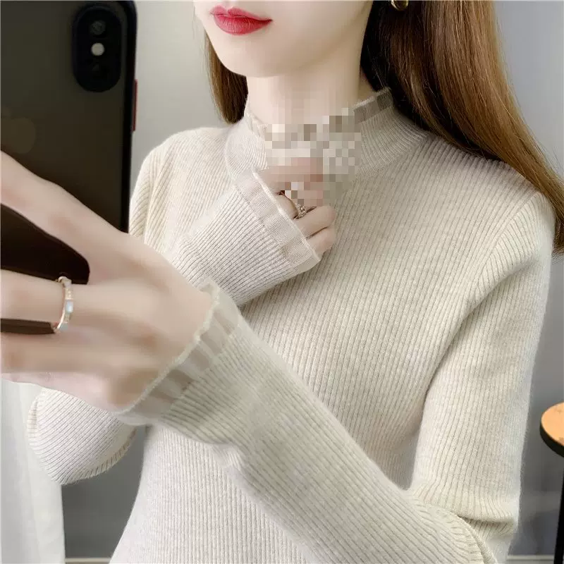 Woolen lace silk body-friendly sweater, high collar