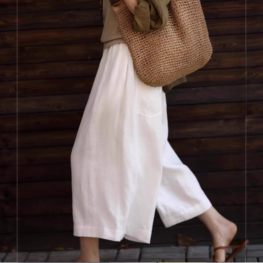 Quần culottes ống rộng vải lanh mỏng mát mùa hè nữ — Trắng sứ trơn, Xanh ngọc bích