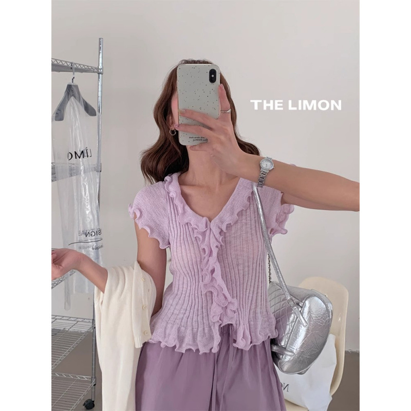 THE LEMON レモングリーンティー 2025 夏 フレンチマルチカラー キノコスリムニットセータートップス|undefined