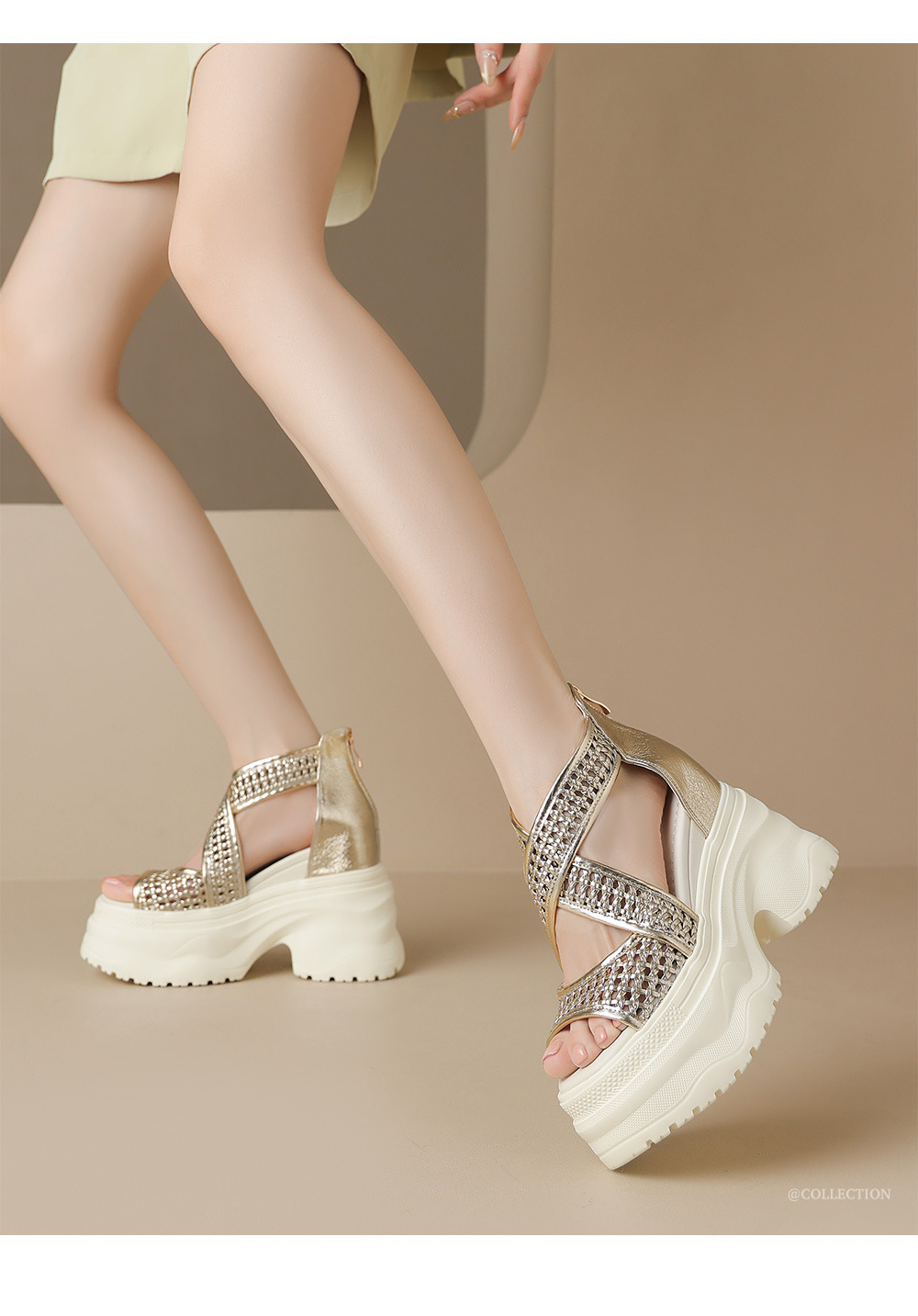 Sandal cao gót La Mã dệt quai ngang đế nêm hở mũi gót 12 cm — Màu vàng trắng, Màu đen, Màu trắng bạc chi tiết 1