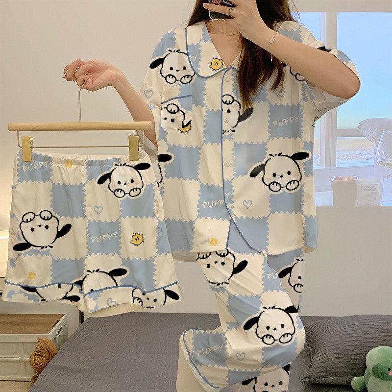 Cartoon Cute Pacha Dog Pajamas Women's Summer Short-Sleeved Trousers Three-Piece Suit Spring and Autumn Thin Home Clothes Doll Collar