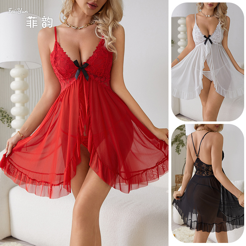 Feiyun 새로운 유럽과 미국의 잠옷 여성의 섹시한 V 넥 레이스 서스펜더 스커트 멀티 컬러 섹시한 란제리 홈 웨어 도매 656
